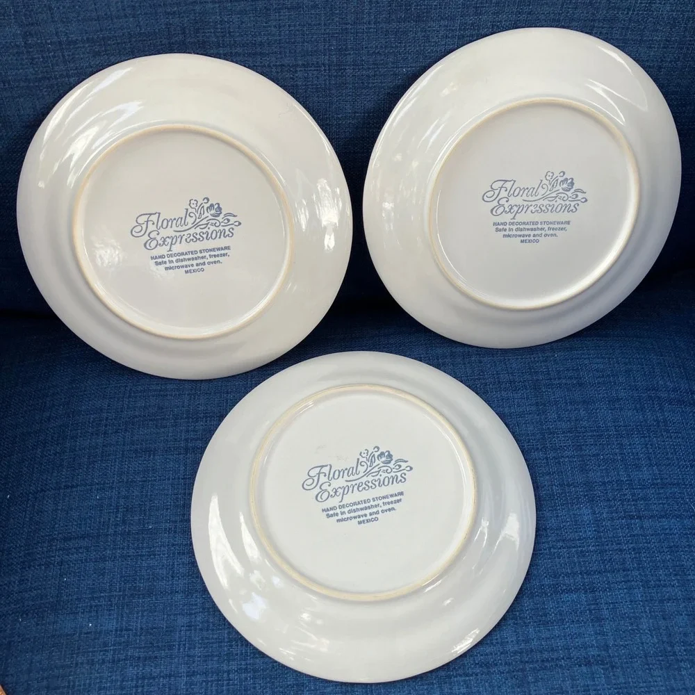 Floral Expressions Stoneware Salad Plates Set of 3 Blue Floral Scalloped Mexico